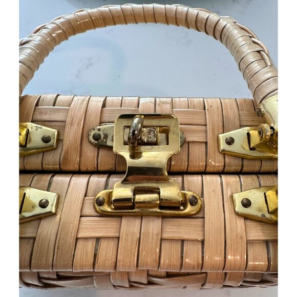 Vintage Lesco Rattan Box Handbag Top Handle Purse Hong Kong Gold Hardware - Picture 5 of 10